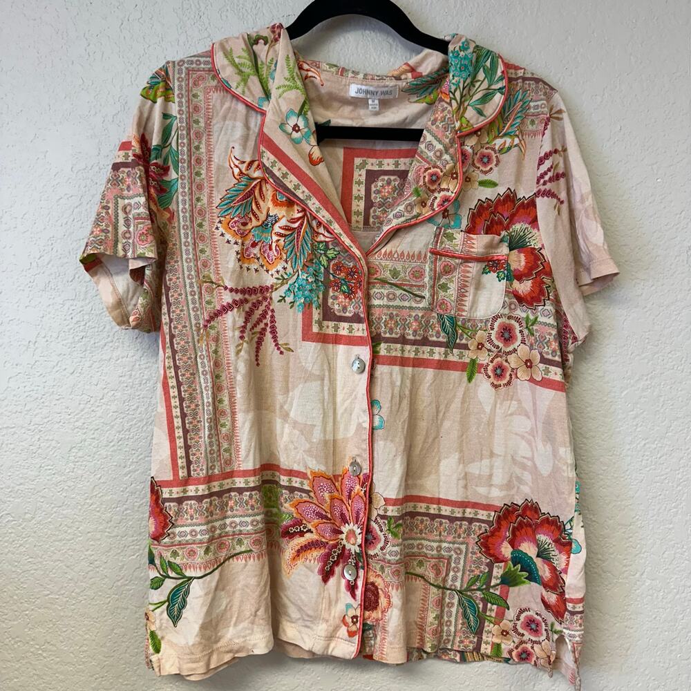 Johnny Was Printed Cotton Lounge Set Button Up Top Wide Leg Pants Rose M - Picture 2 of 9